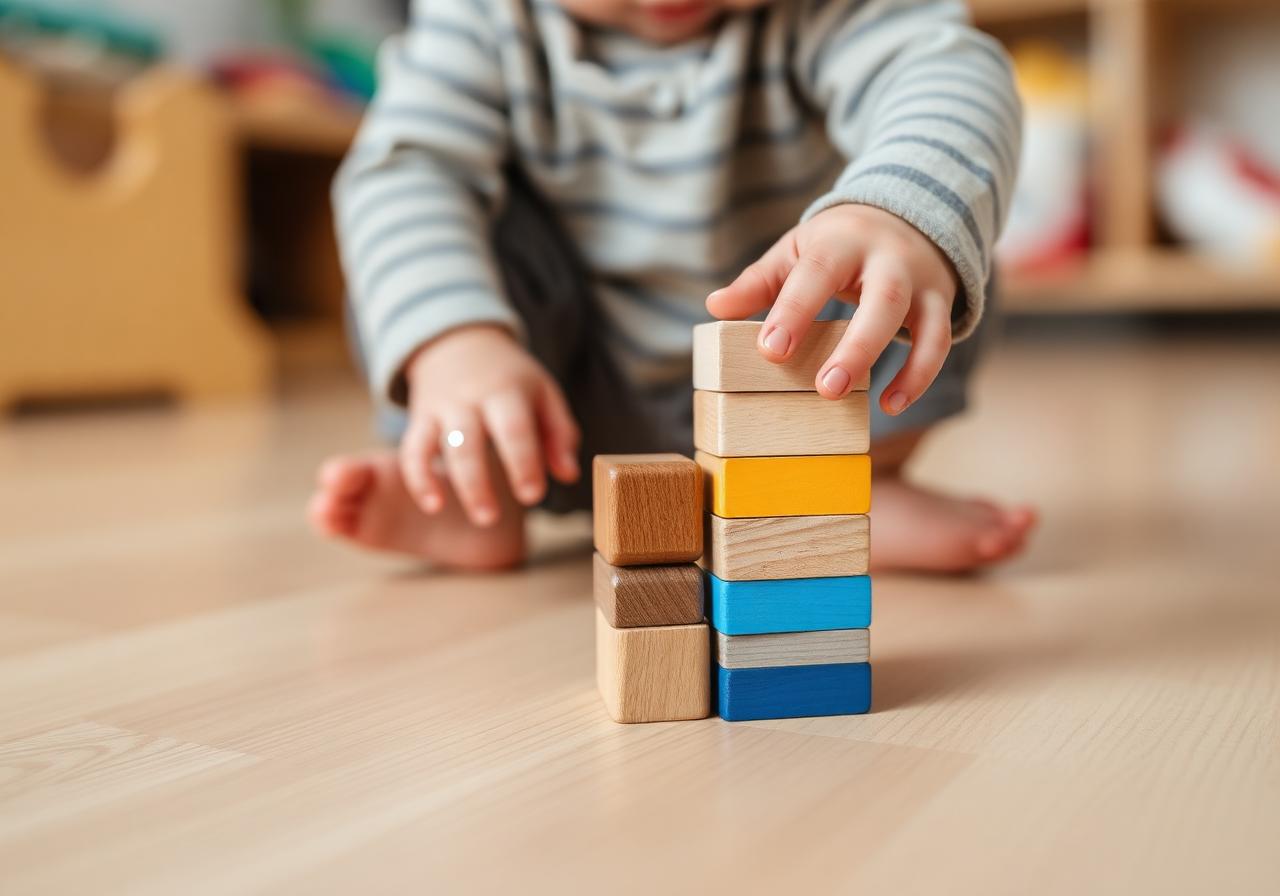 Kind speelt met houten blokken op de groep